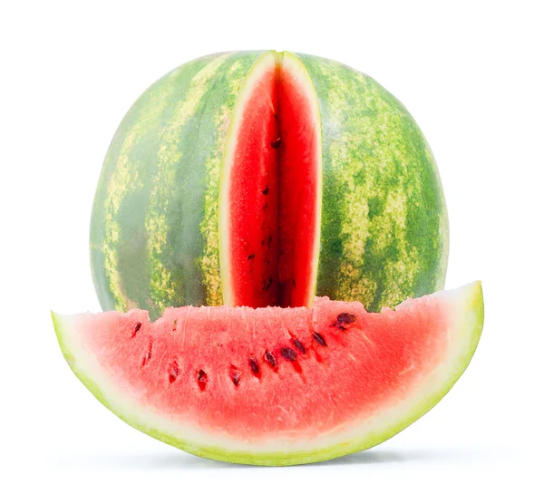 Isolierte Wassermelone ganz und in Scheiben schneiden — Stockfoto