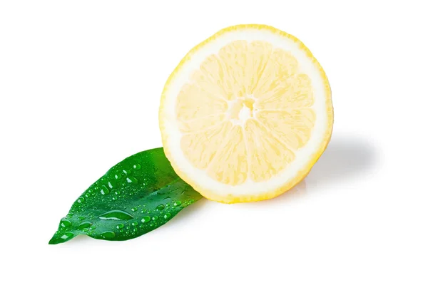 Rebanada aislada de limón con hoja húmeda — Foto de Stock
