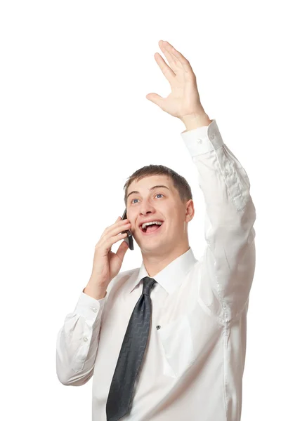 Homem de negócios feliz chamando por telefone — Fotografia de Stock