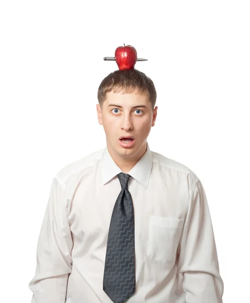 Uomo d'affari con mela in testa — Foto Stock