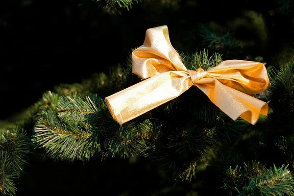 Золотой рождественский лук на меховом дереве — стоковое фото