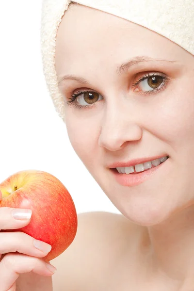 Primo piano donna viso e mela — Foto Stock