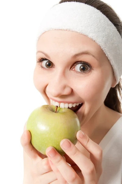 Primo piano divertente ritratto donna con mela — Foto Stock