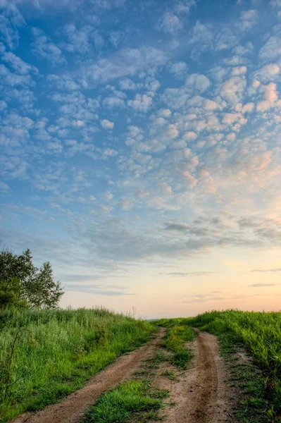 Clouds in skies above the road in the field — Stock Photo, Image