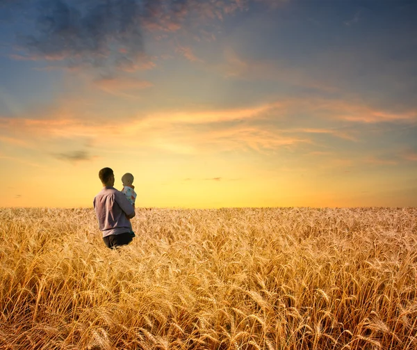 Człowiek w polu pszenicy z chłopcem — Zdjęcie stockowe