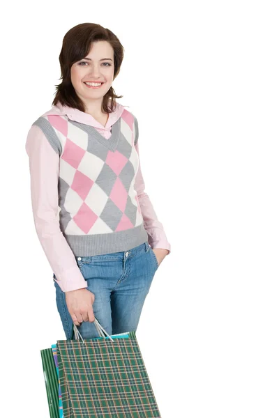 Smiling woman with packets — Stock Photo, Image