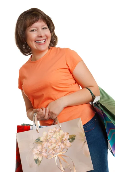 Szczęśliwa kobieta z torbami — Zdjęcie stockowe