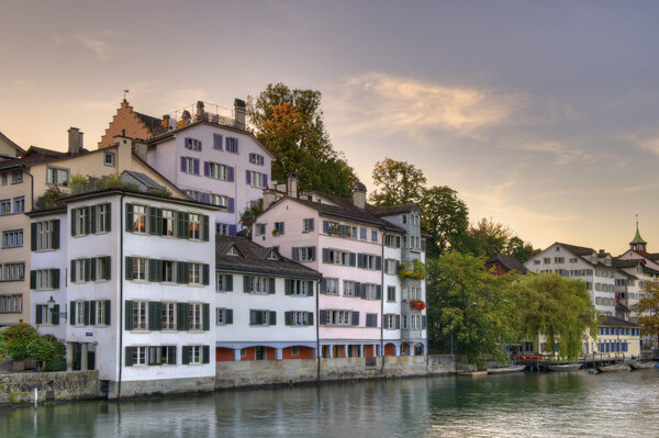 Historic houses at Schipfe along the river Limmat, Zurich, Switzerland.