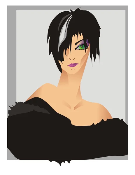 Glamoureuze dame met stekelige haren dragen zwarte vacht. — Stockvector