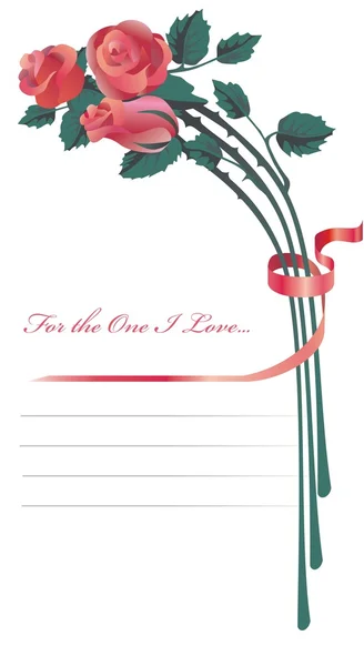 Tarjeta de felicitación vertical con rosas rojas y cinta de satén rojo — Vector de stock