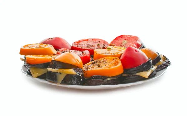Fried eggplant with cheese and tomatoes — Stock Photo, Image