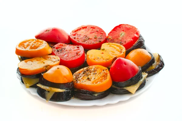 Fried eggplant with cheese and tomatoes — Stock Photo, Image