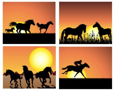 Horse on sunset backgrounds set clipart