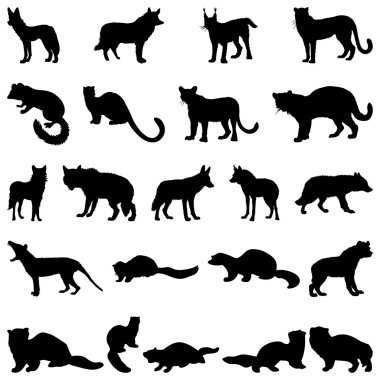 Wolves and martens silhouettes set clipart