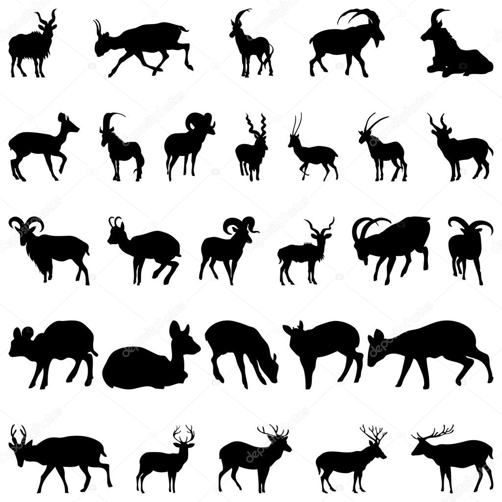 Deer and goats silhouettes set