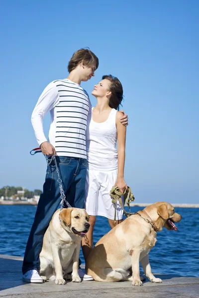 犬と一緒に歩く若いカップル — ストック写真
