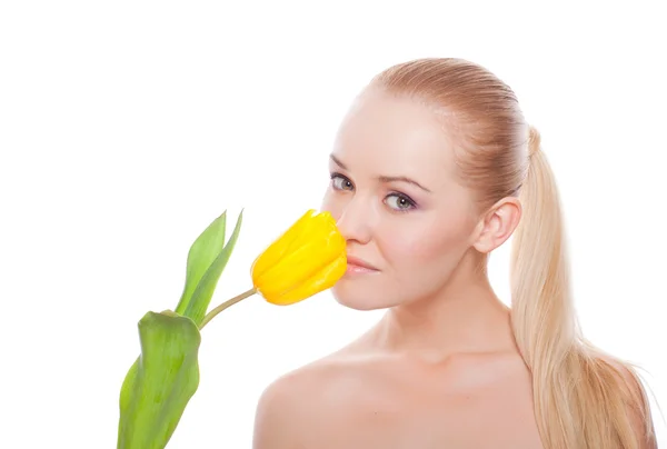 Pretty woman with tulip — Stock Photo, Image