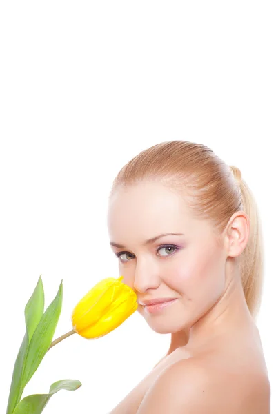 Femme avec tulipe — Photo