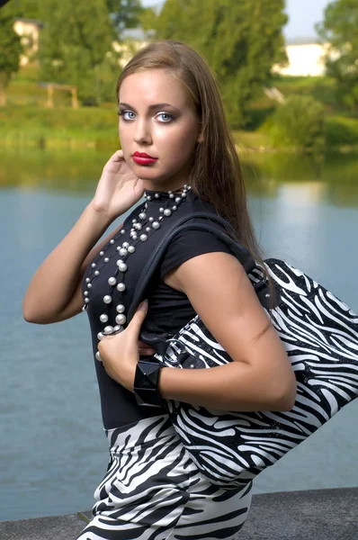 Каштановые волосы красивая женщина с сумочкой на открытом воздухе — стоковое фото