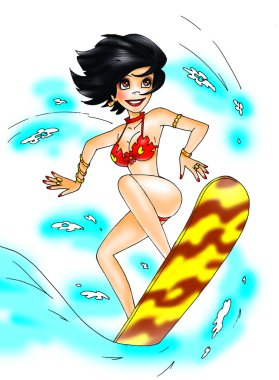 Happy girl, surf-riding clipart