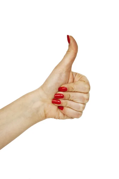 Mão feminina com polegar para cima isolado em branco — Fotografia de Stock