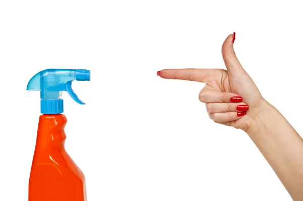 Ženská ruka ukazující na sprej-čištění - koncepce — Stock fotografie