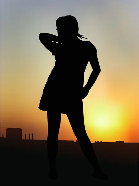Silhouette de la fille au coucher du soleil — Image vectorielle