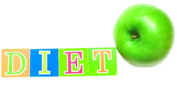 Manzana verde y cubos con letras - dieta — Foto de Stock