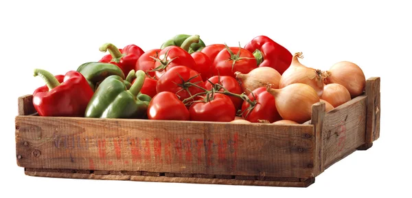 Låda av bell peppersand annan grönsak — Stockfoto