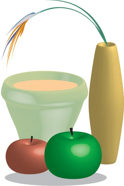 Manzanas rojas y verdes crujientes con taza de jugo de naranja y jarrón con flor —  Fotos de Stock