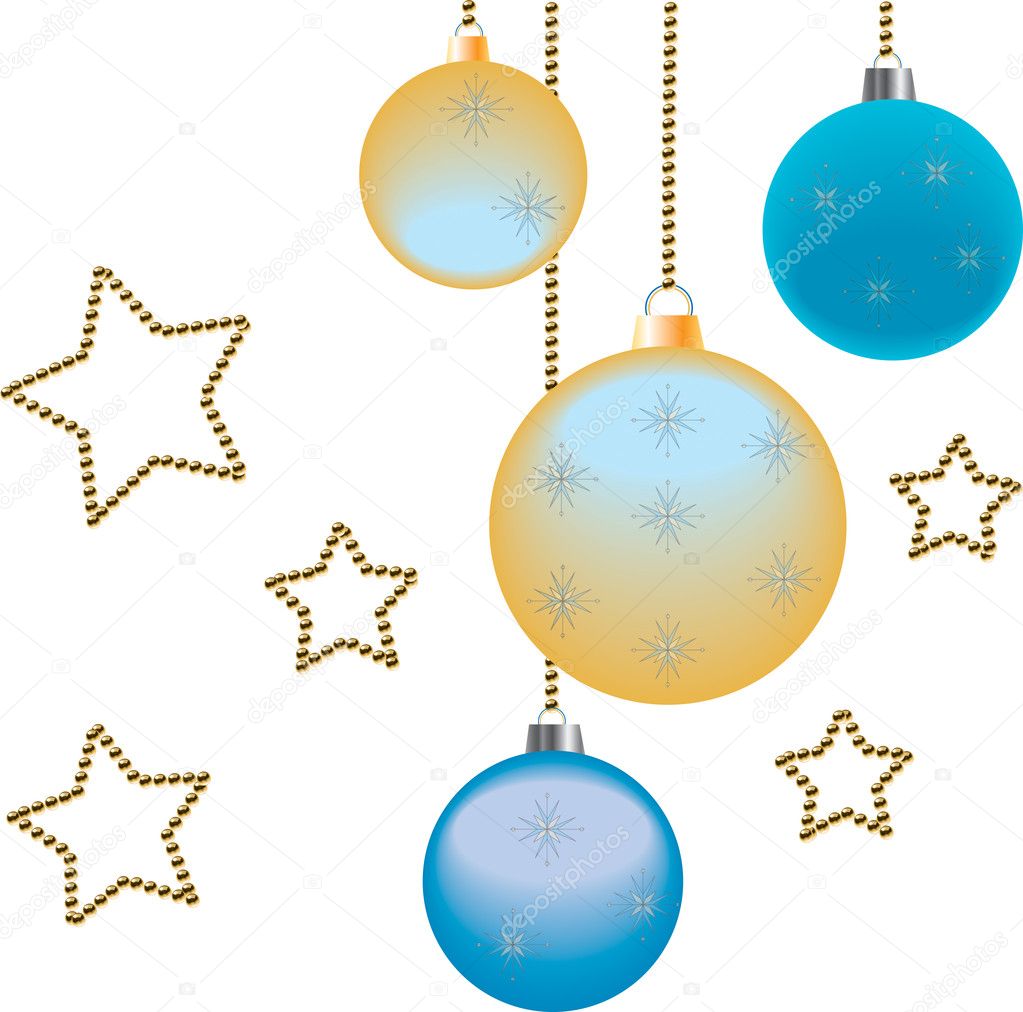 Christmas Balls and golden beads stars illustration on white background