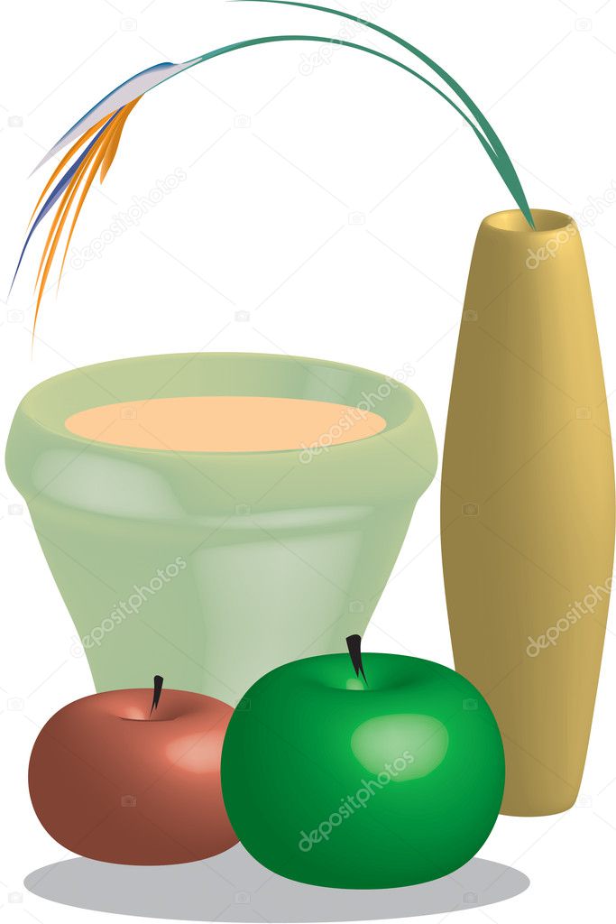 Crispy red and green apples with cup of orange juice and vase with flower