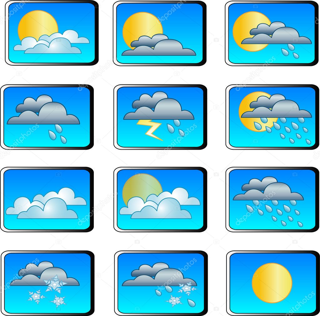 Collection of 12 weather icon buttons illustration