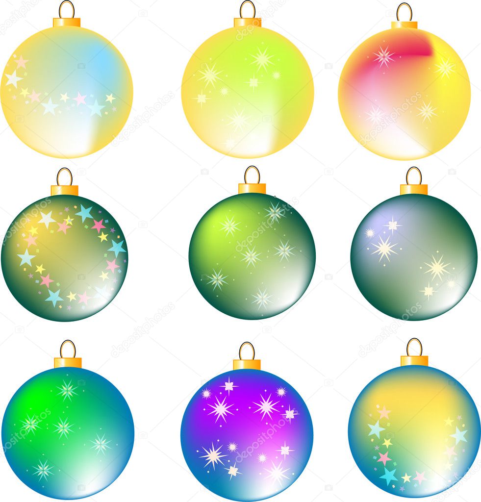 Nine assorted colorful christmas balls on white background, illustration