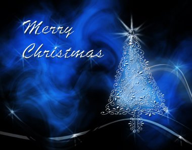 Christmas tree on blue smoke background with 'Merry Christmas'