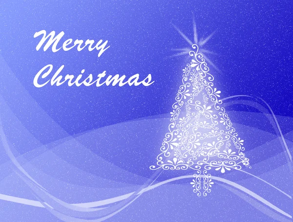 Christmas tree on blue swirl background with 'Merry Christmas' — Φωτογραφία Αρχείου