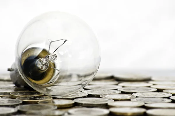 ユーロ硬貨に横たわるフィラメント電球 — ストック写真