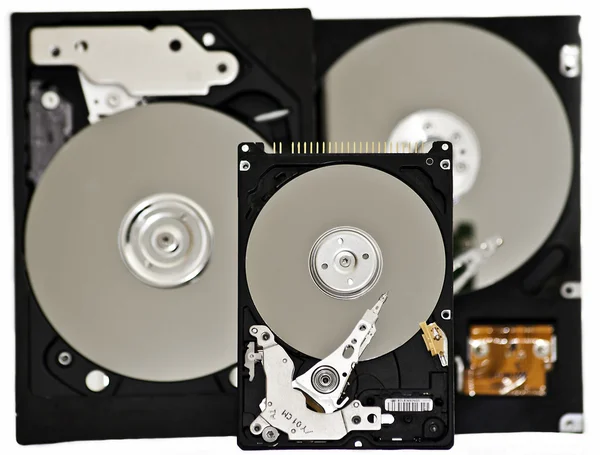 Tres discos duros abiertos aislados sobre fondo blanco —  Fotos de Stock