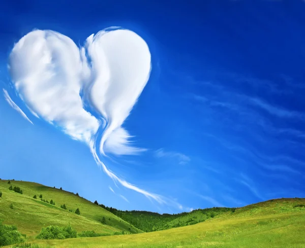 Grön äng och blå himmel med hjärtformade moln — Stockfoto