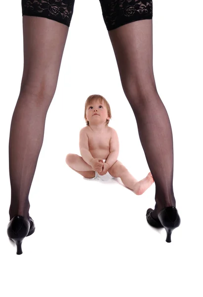 Baby girl and woman's legs — Stock Photo, Image