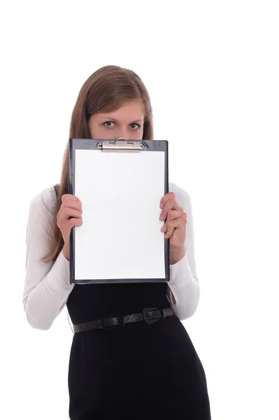 Young business woman with a clipboard — Stock Photo, Image