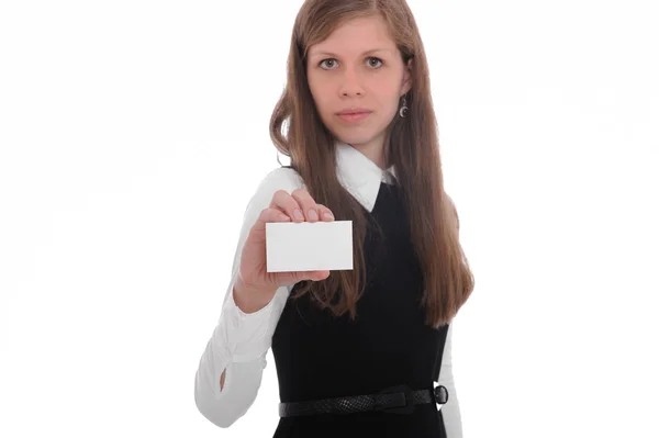 Donna d'affari che mostra e consegna un biglietto da visita vuoto . — Foto Stock