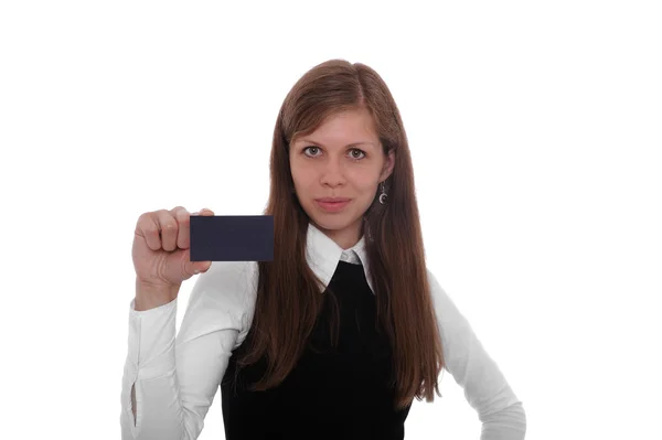 Empresária mostrando e entregando um cartão de visita em branco . — Fotografia de Stock