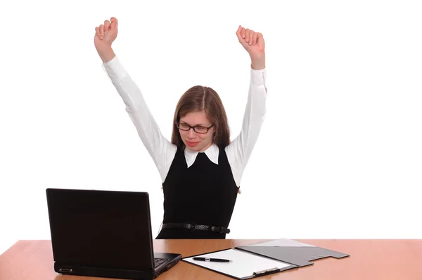 Bir dizüstü bilgisayar üzerinde çalışan bir mutlu ve başarılı bir iş kadını — Stok fotoğraf