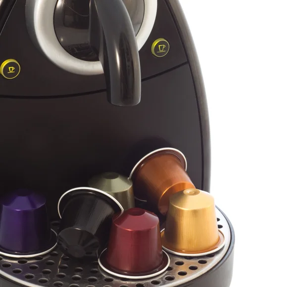 커피 캡슐과 커피 기계 스톡 이미지
