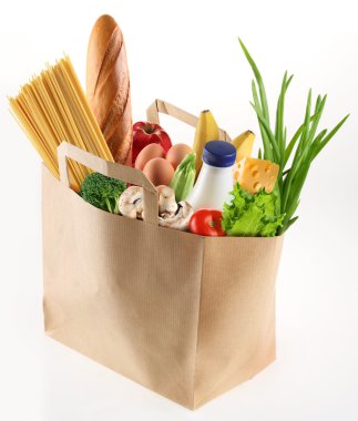 Paper bag with food on a white background