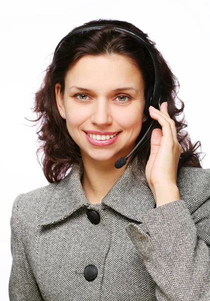 Χαμογελώντας φορέα υποστήριξης πελατών με ένα ακουστικό. — Φωτογραφία Αρχείου