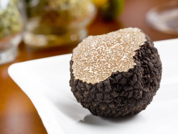 Mushroom of truffle on a white dish — Stock Photo, Image
