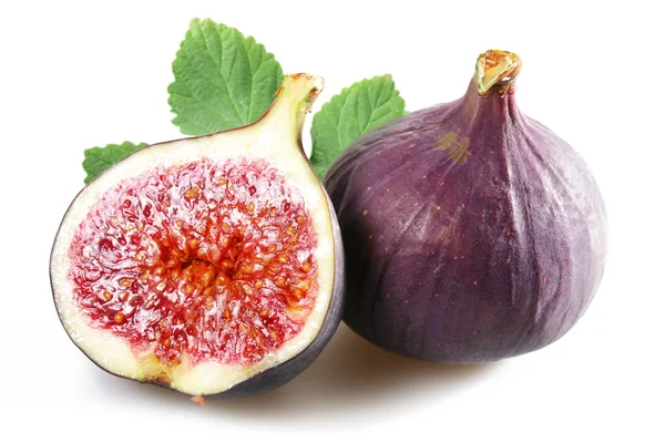 Figs with cut fruit and leaves on a white background — Stock Photo, Image