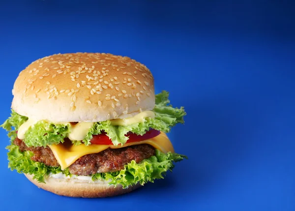 Cheeseburger su sfondo blu — Foto Stock